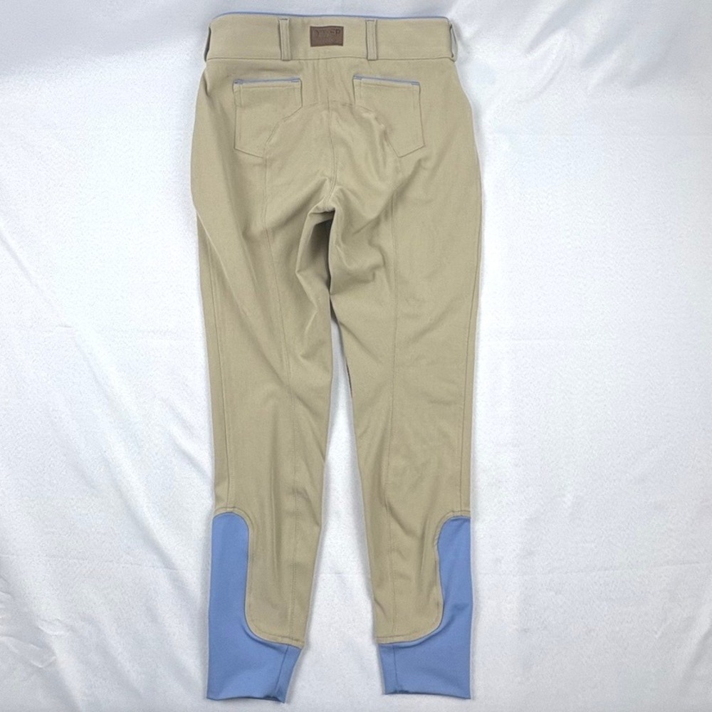 Dover Saddlery Riding Breeches Wellesley Tan Cornflower Knee Patch Size 16 - Picture 2 of 14